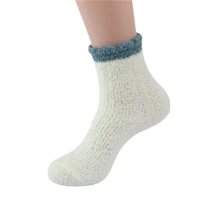 White coral fleece short socks with blue ruffled trim for cozy daily wear and winter warmth.
