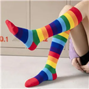 Colorful rainbow striped knee-high socks for women, fashionable long casual stockings