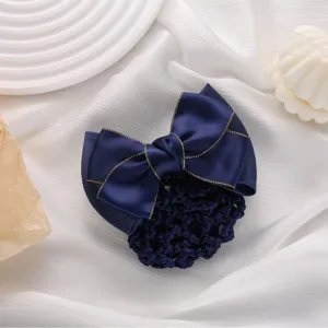 Satin Bow Hair Net Clip Professional Hair Styling Accessory with Mesh Pocket for Women Nurse Flight Attendant Office Work Hairpin