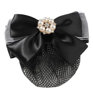 Professional black satin bow hair net with pearls, elegant hair clip for nurses and staff.