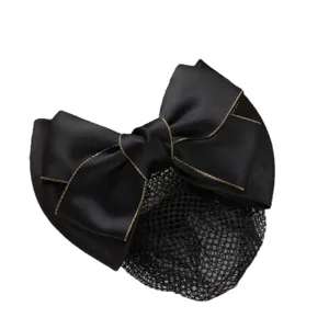 Professional black satin bow hair net with gold trim for nurse flight attendant work bun decor
