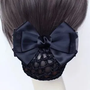 Black hair net bow for women professional stewardess nurse bun cover hair accessory main view