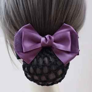 Professional women hair net bun cover with purple satin bow, elegant hair accessory for work.