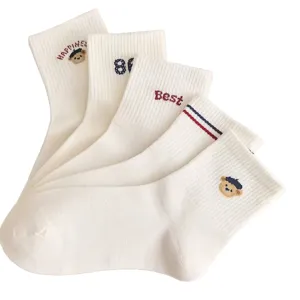 Chaussettes mi-hautes femme coton blanc broderie mignon ours chaussettes décontractées