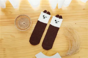 Women fluffy home socks winter warm coral fleece sleeping socks cute bear design brown white