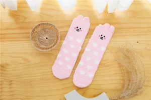 Women fuzzy fleece sleep socks winter warm coral velvet cute bear ears heart pattern comfy