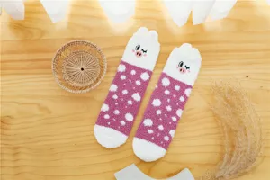 Women fluffy coral fleece socks winter warm cute pink polka dot cute pig sleeping socks