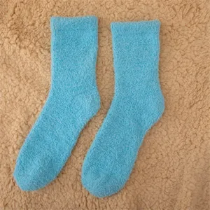 Chaussettes de sol en polaire corail moelleuses pour femme hiver chaud doux peluche bleu clair