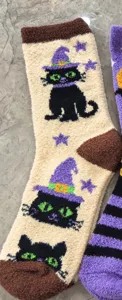 Halloween fuzzy cat sleep socks detail view, soft plush winter cozy warm socks for home