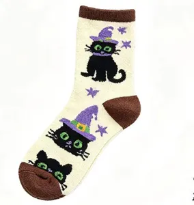 Halloween fuzzy sleep socks, cozy coral fleece warm winter home socks with black cat pattern.