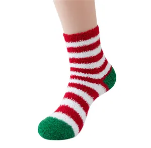 Winter cozy fluffy plush socks with red white stripes and green toe for women and kids.
