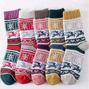 Chaussettes d'Équipage en Mélange de Laine Chaudes d'Hiver Épaissies Motif Géométrique Flocon de Neige Nordique Vintage Pour Femmes Hommes