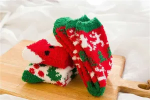 Cozy Christmas fuzzy fleece socks for women and men, warm winter sleeping floor socks, red green.