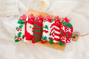 Cozy Christmas fuzzy coral fleece floor socks, warm winter home sleeping socks for women.
