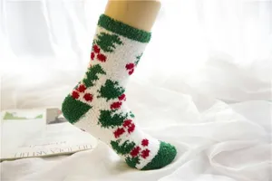 Cozy Christmas coral fleece fluffy socks detail view, soft warm winter floor socks for women.