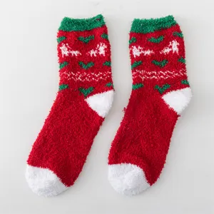 Cozy plush socks with Christmas pattern, soft fuzzy material for winter warmth, detailed view.