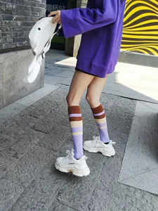 Japanese JK uniform striped knee high socks for women, purple and brown fashion casual socks.