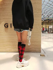 Women red black plaid knee high socks fashion cotton long tube hosiery casual daily wear