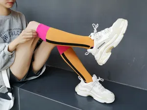 Fashion contrast color knee high socks for women stylish casual daily wear comfortable cotton.