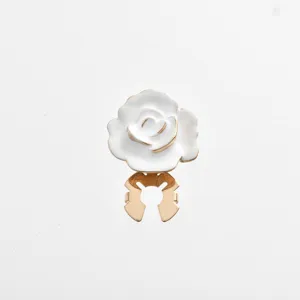 Elegant white enamel camellia flower brooch clip for shirt sleeves and silk scarves.