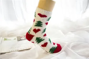 Xmas fuzzy floor socks, coral fleece sleep socks with red heart and green tree, warm home socks.