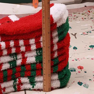 Red white green striped coral fleece fuzzy socks, thick warm winter home sleep socks for women.