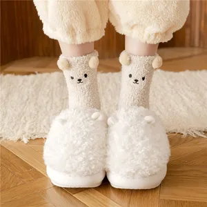Cute bear fuzzy fleece socks with plush slippers for women, thick warm home floor socks.