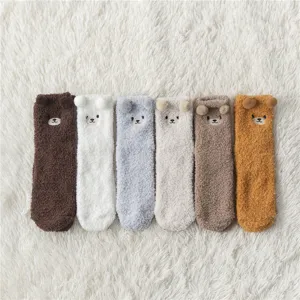 Cute fuzzy bear socks for women, thick plush winter warm home floor socks, cozy sleep wear.