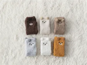 Cute cartoon bear coral fleece socks for women, thick warm winter fuzzy socks, 6 colors.