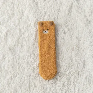 Cute fluffy bear plush warm floor socks, thick cozy coral fleece winter sleep socks for women.