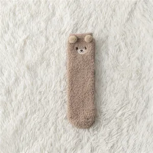 Cozy women's plush fleece warm socks with cute 3D bear ears and soft coral fleece for winter home use.