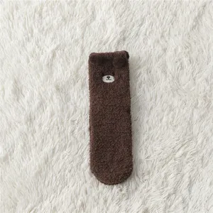 Fluffy brown plush socks with cute 3D bear ears, warm winter home sleeping floor socks for women.