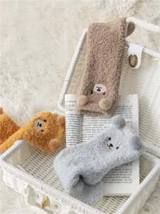 Cute bear coral fleece socks for women, thick warm winter crew socks with plush animal design.