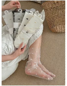 Sheer mesh bow stacking socks for women, sweet translucent summer mid tube breathable hosiery.