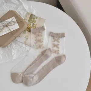 Chaussettes femme en tulle transparent avec petits nœuds mignons, coton d'été respirant.