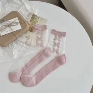 Chaussettes transparentes en résille style coréen femme été nœud papillon volant semelle coton