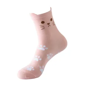 Cute women's mid-tube cat socks with funny paw prints, soft cotton novelty socks for daily wear.