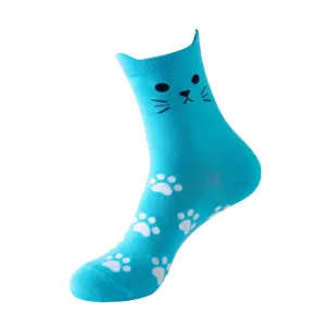 Cute cat ear blue cotton socks detail showcasing embroidered cat face and white paw prints.