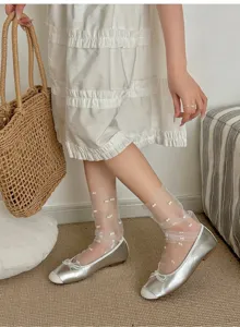 Sheer mesh ruffle socks with cute tiny bow flocking details, breathable summer hosiery style.