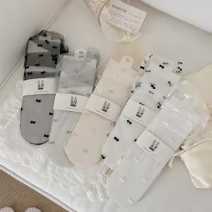 Women's Japanese Style Lolita Bow Mesh Mid-Calf Socks Transparent Thin Breathable Slouch Stockings Summer Hosiery