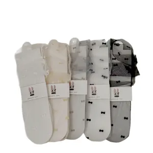 Sheer mesh crew socks for women, cute flocking bow design, breathable spring summer thin socks.