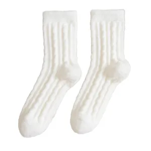 Weiße flauschige Wintersocken für Damen, dicke warme gerippte Thermo-Stiefelsocken