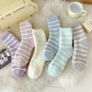 Plush striped sleep socks for women, thick fuzzy winter home socks in multiple colors.