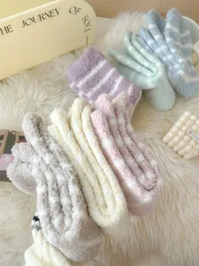 Soft fuzzy winter striped socks cozy coral fleece sleep socks for women warmth detail view