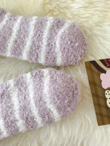 Women fluffy striped coral fleece sleep socks, winter thick warm cozy home mid tube socks
