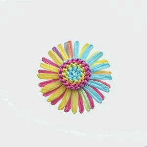 Primo piano dettagliato del colorato accessorio floreale intrecciato a mano, con petali vivaci.