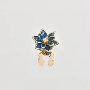 Exquisite lotus flower silk scarf buckle detail, vintage blue crystal gold brooch accessory.
