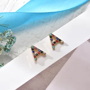 Chic letter A stud earrings featuring colorful crystal rhinestones, elegant copper fashion jewelry.
