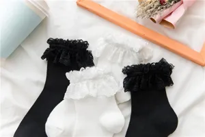 Calzini tubo medio pizzo Lolita JK stile giapponese carino nero e bianco casual donna