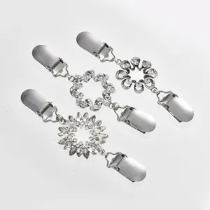 Silver tone metal rhinestone sweater clips set, sparkling crystal floral collar clips for shawl dress